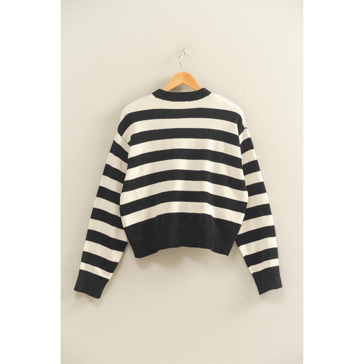 Striped Sweater With Ribbed Edge: DEEP GREEN/WHIP CREAM / S-M-L(2-2-2)