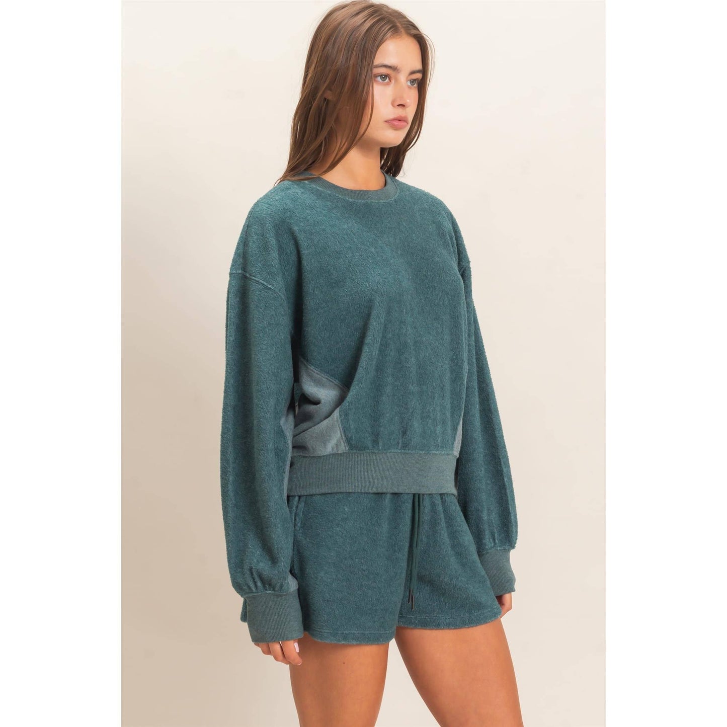 Contrast Sweatshirt & Shorts Set: DARK TEAL / S-M-L(2-2-2)