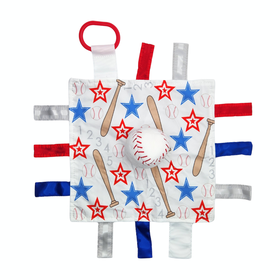 Baseball Baby Learning Lovey Tag Stroller Toy 10" x 10"