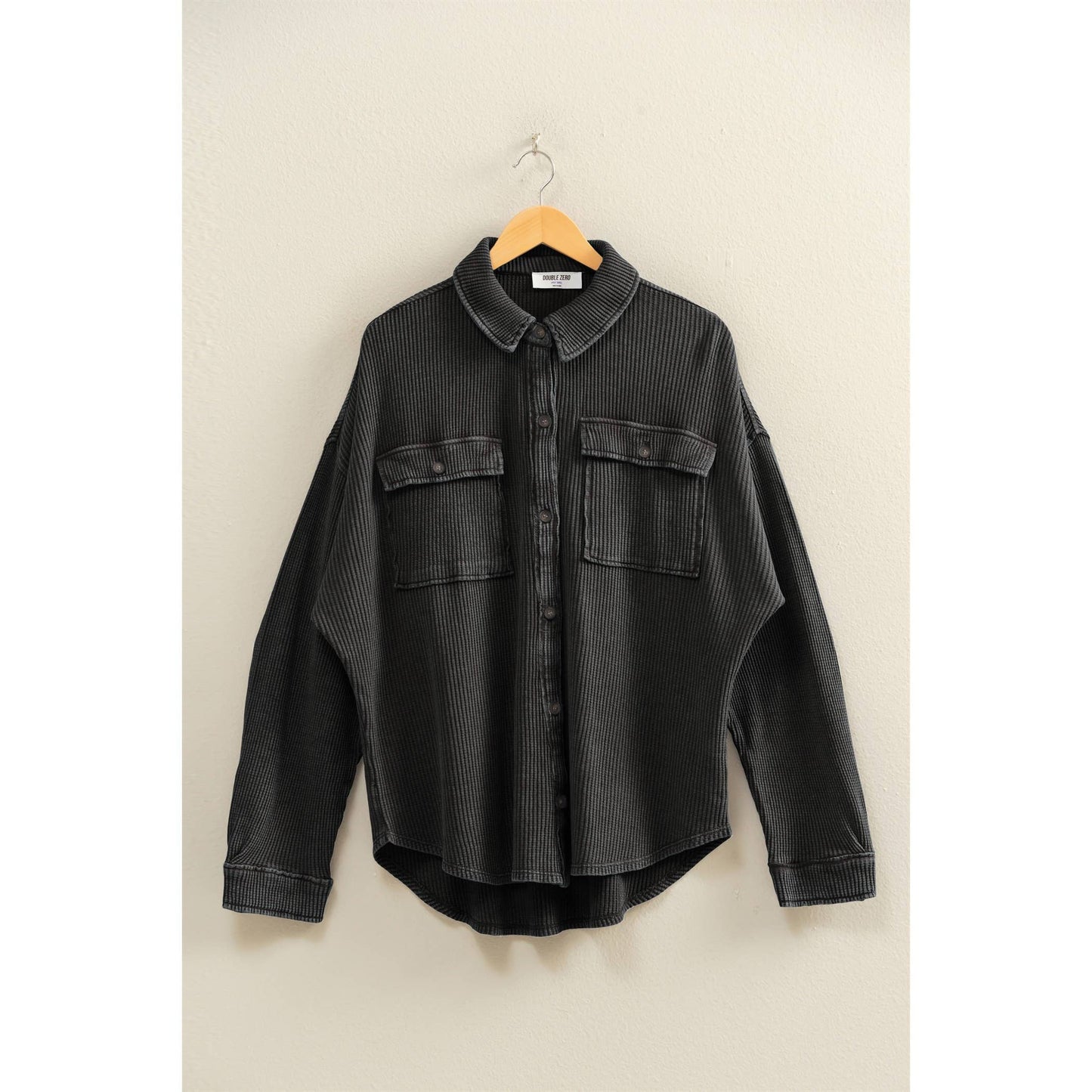 Oversized Mineral Washed Waffle Button Up Shacket: DEEP GREEN / S-M-L(2-2-2)