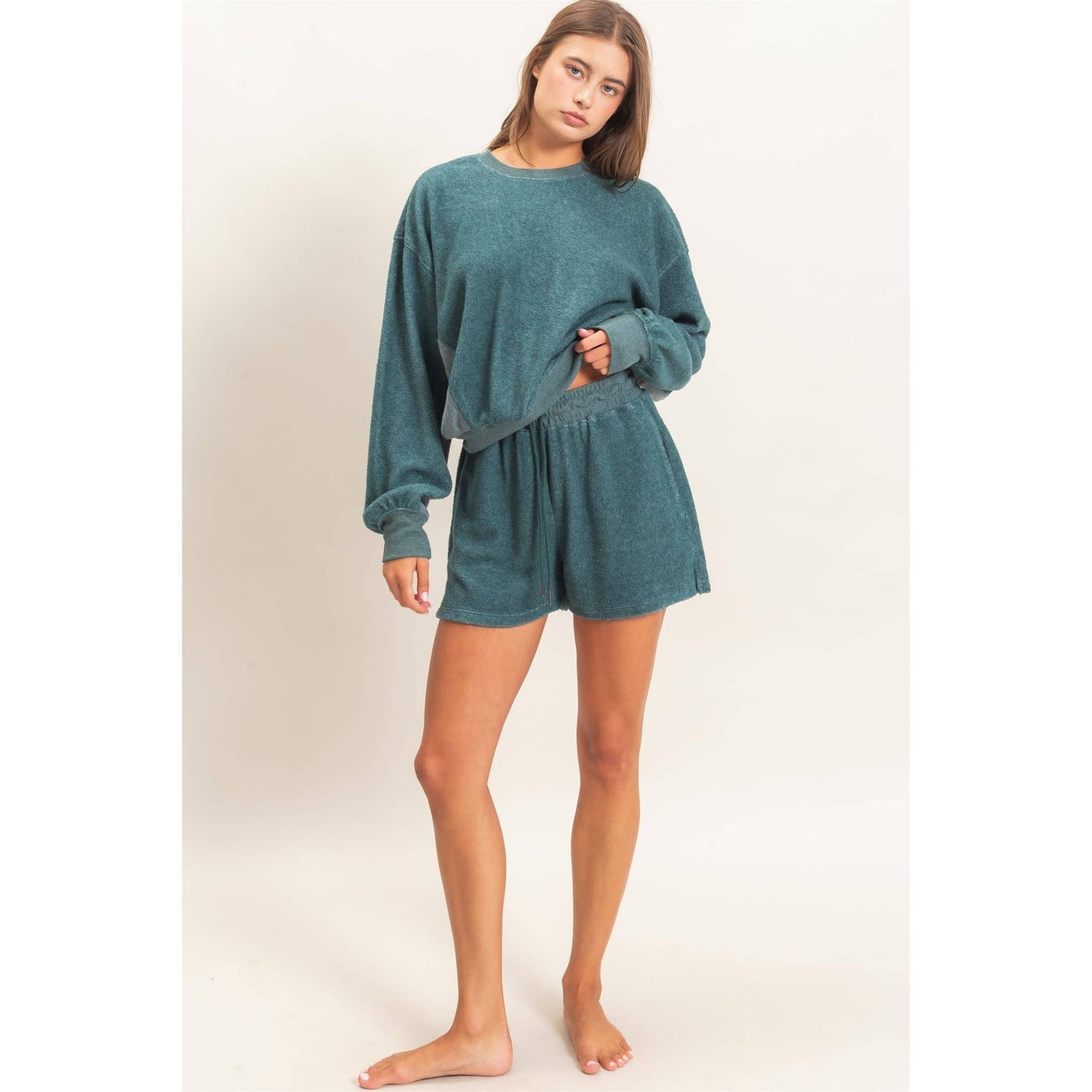 Contrast Sweatshirt & Shorts Set: DARK TEAL / S-M-L(2-2-2)