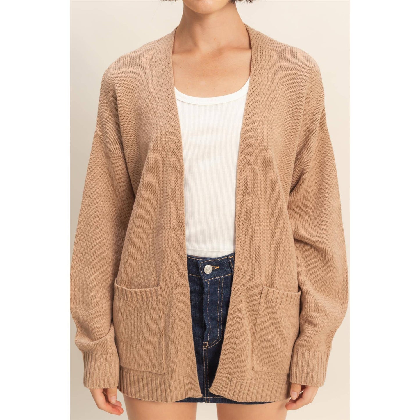 Oversized Open-Front Cardigan Sweater With Pockets: RED / S-M-L(2-2-2)