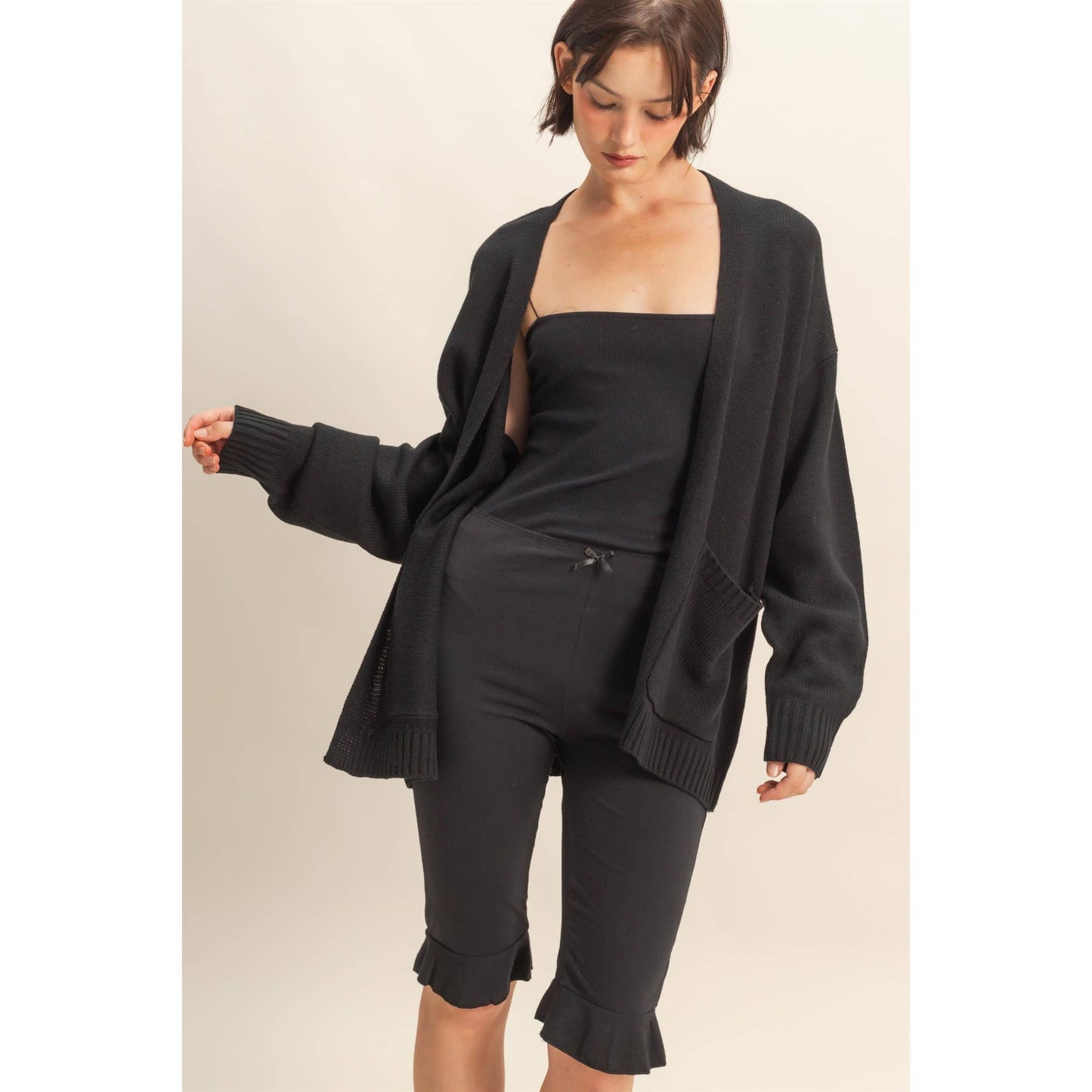 Oversized Open-Front Cardigan Sweater With Pockets: RED / S-M-L(2-2-2)