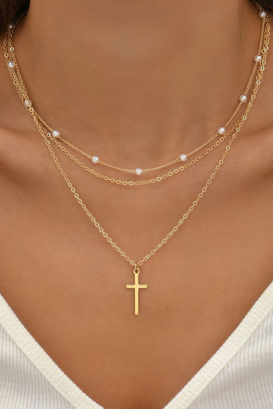 Gold Cross Pearl Layer Necklace
