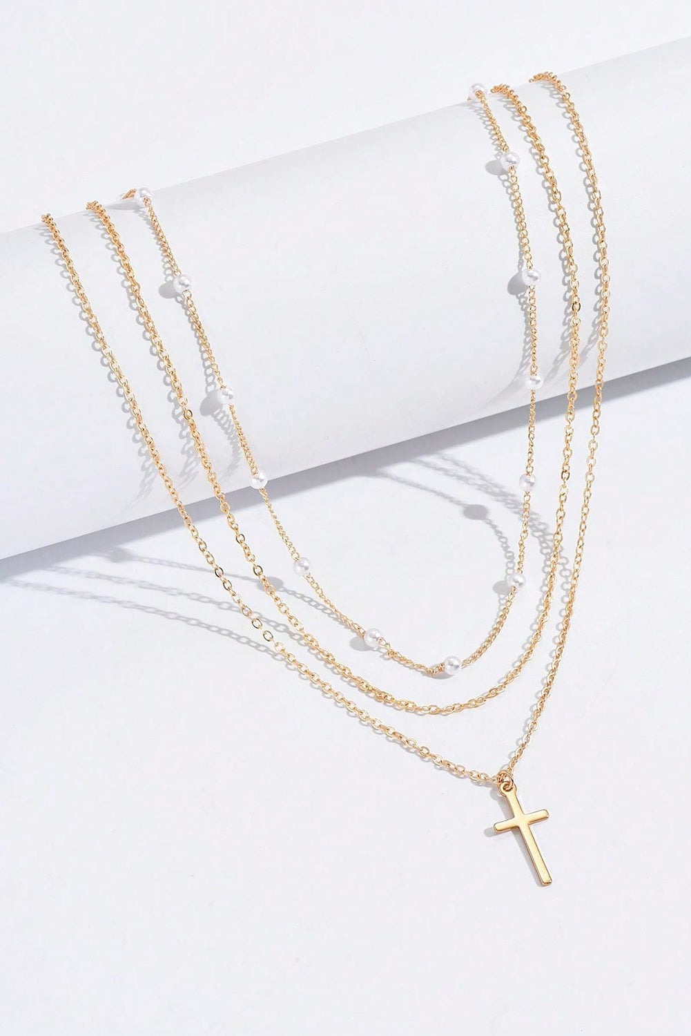 Gold Cross Pearl Layer Necklace