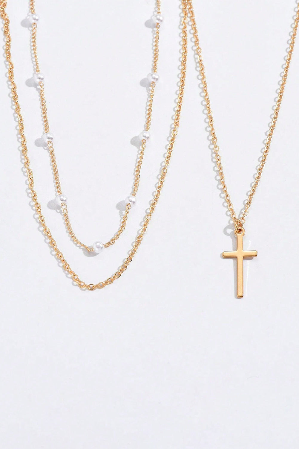 Gold Cross Pearl Layer Necklace