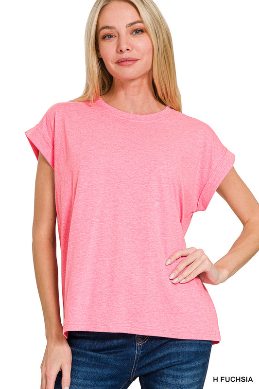 Round neck folded short sleeve t-shirt
