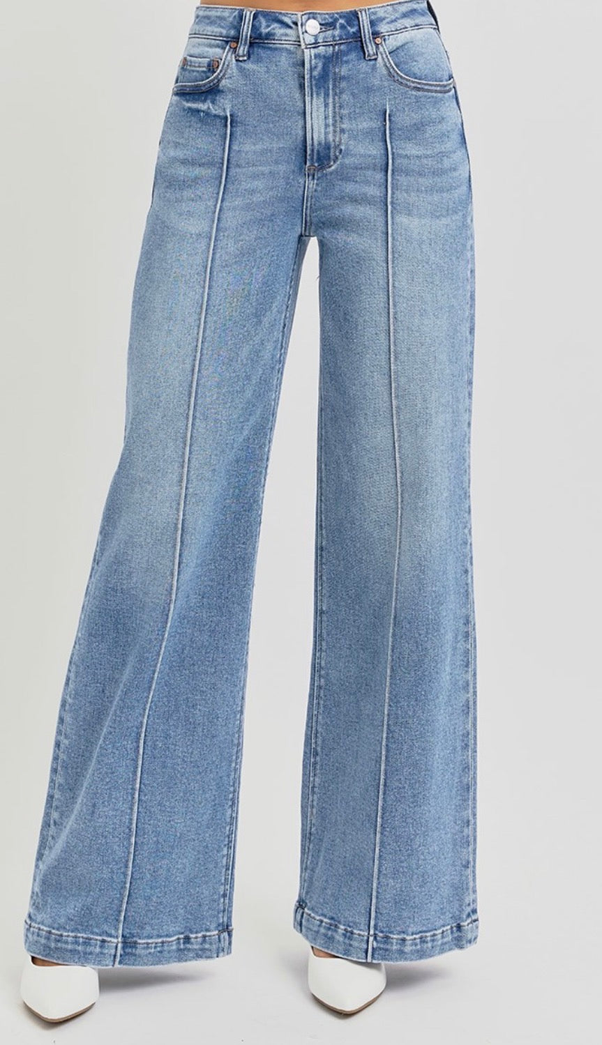 RISEN JEANS HIGH WAIST WIDE LEG PINTUCK DETAILED JEANS