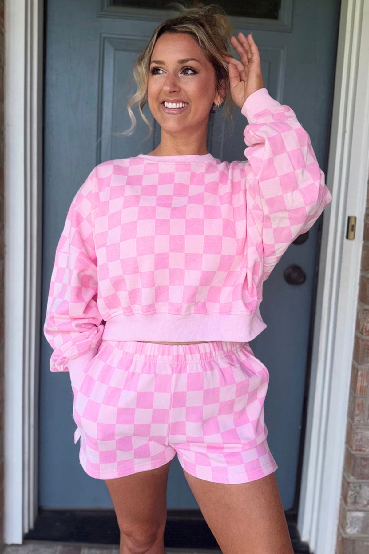 Plaid Checkered Long Sleeve Crop Top Elastic Waist Shorts Two Piece Set