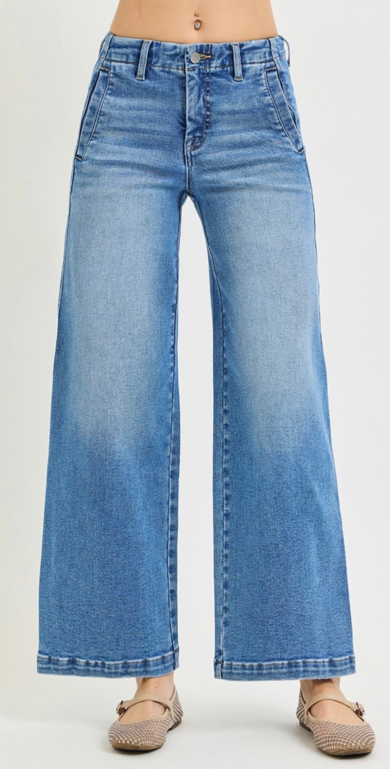RISEN JEANS TUMMY CONTROL MID RISE ANKLE WIDE SEAM DETAIL JEANS