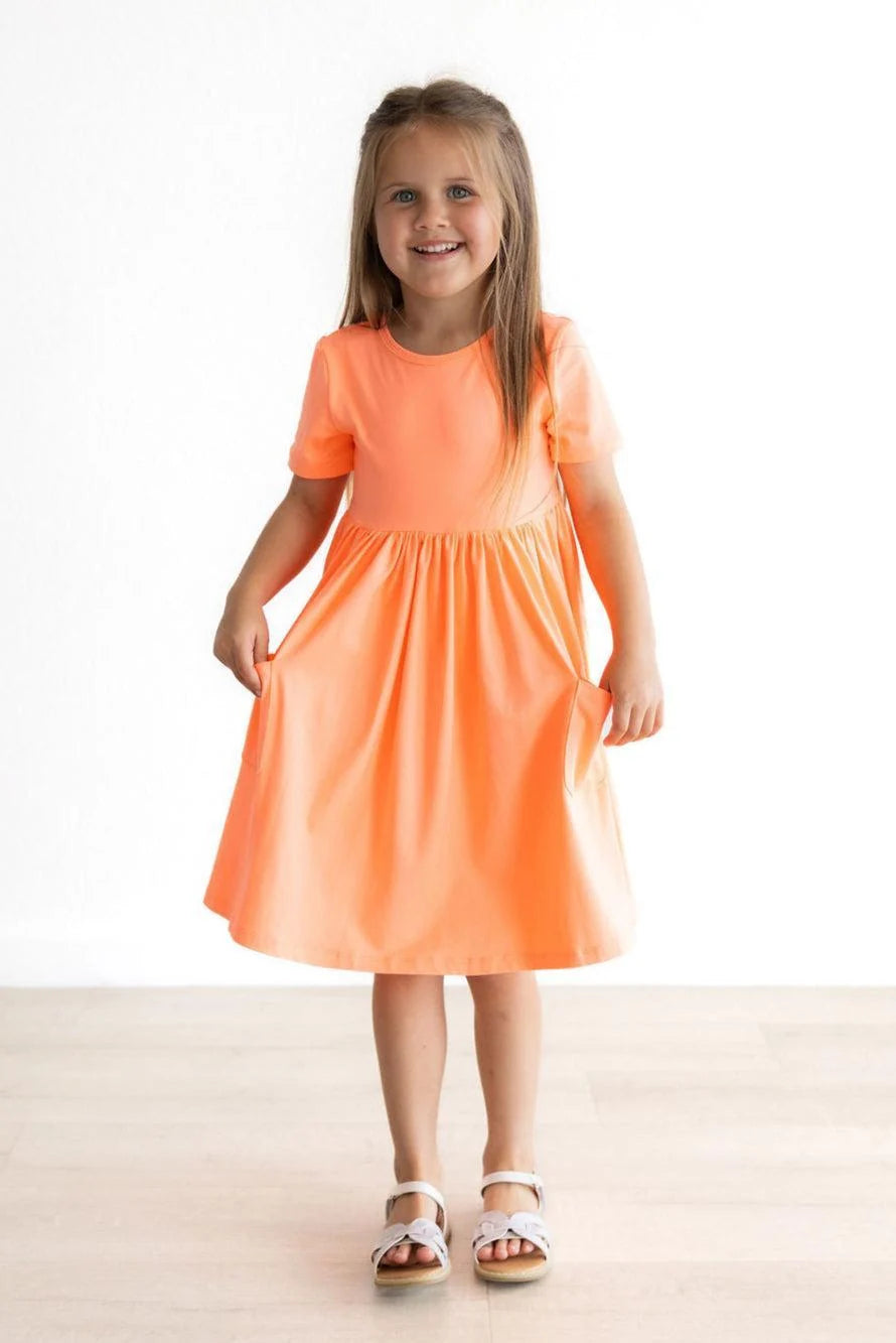 Neon Coral Pocket Twirl Dress