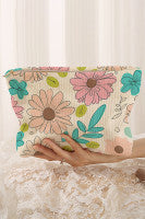 White Floral Print Cosmetic Bag