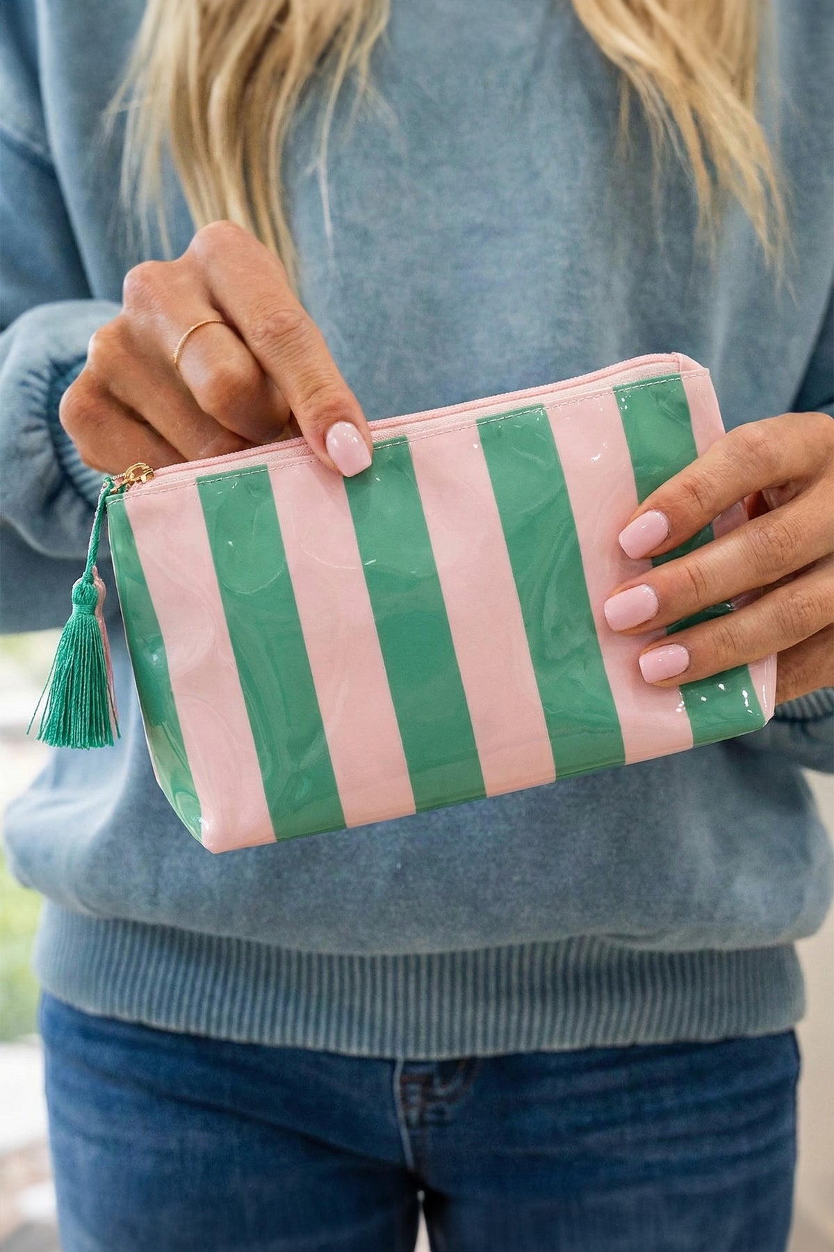 Striped Vinyl Waterproof Tassel Zipper Makeup Bag