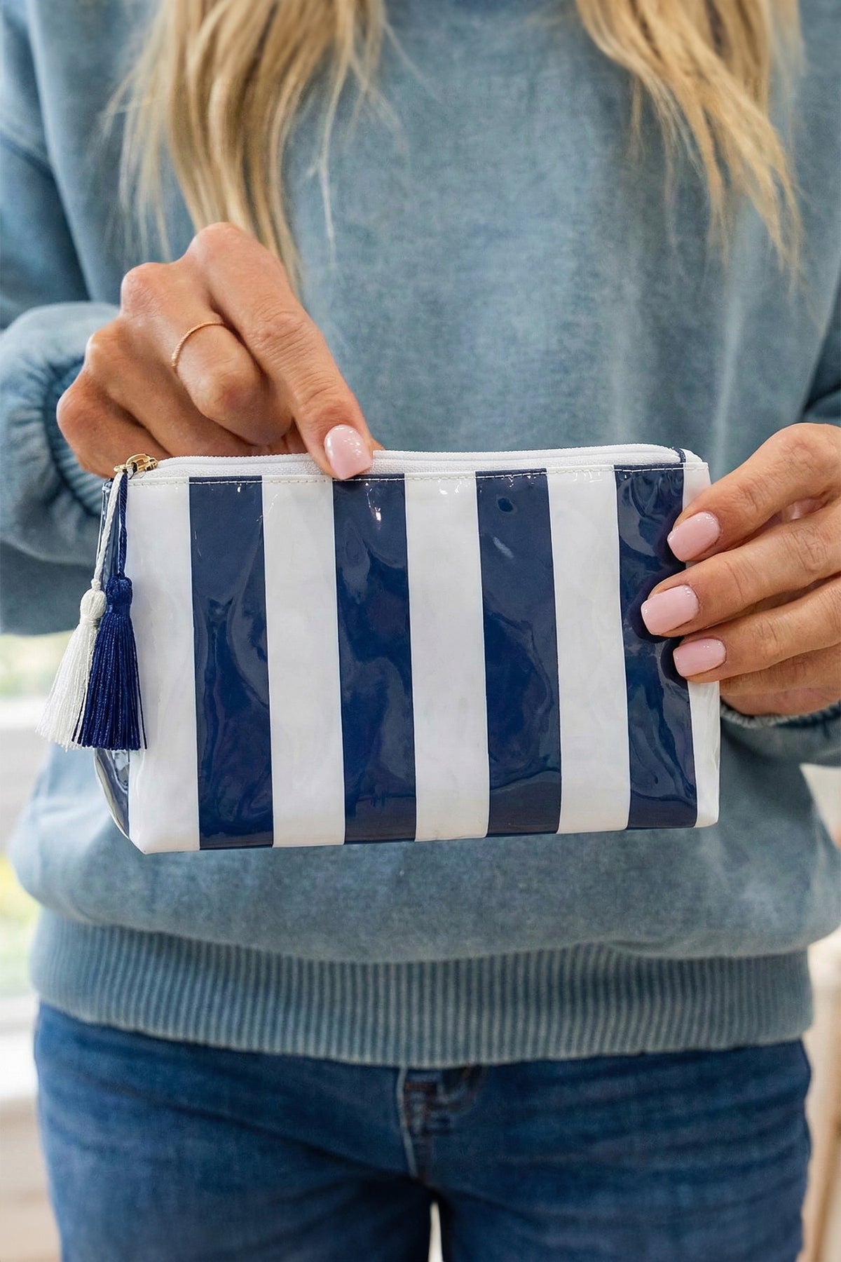 Striped Vinyl Waterproof Tassel Zipper Makeup Bag