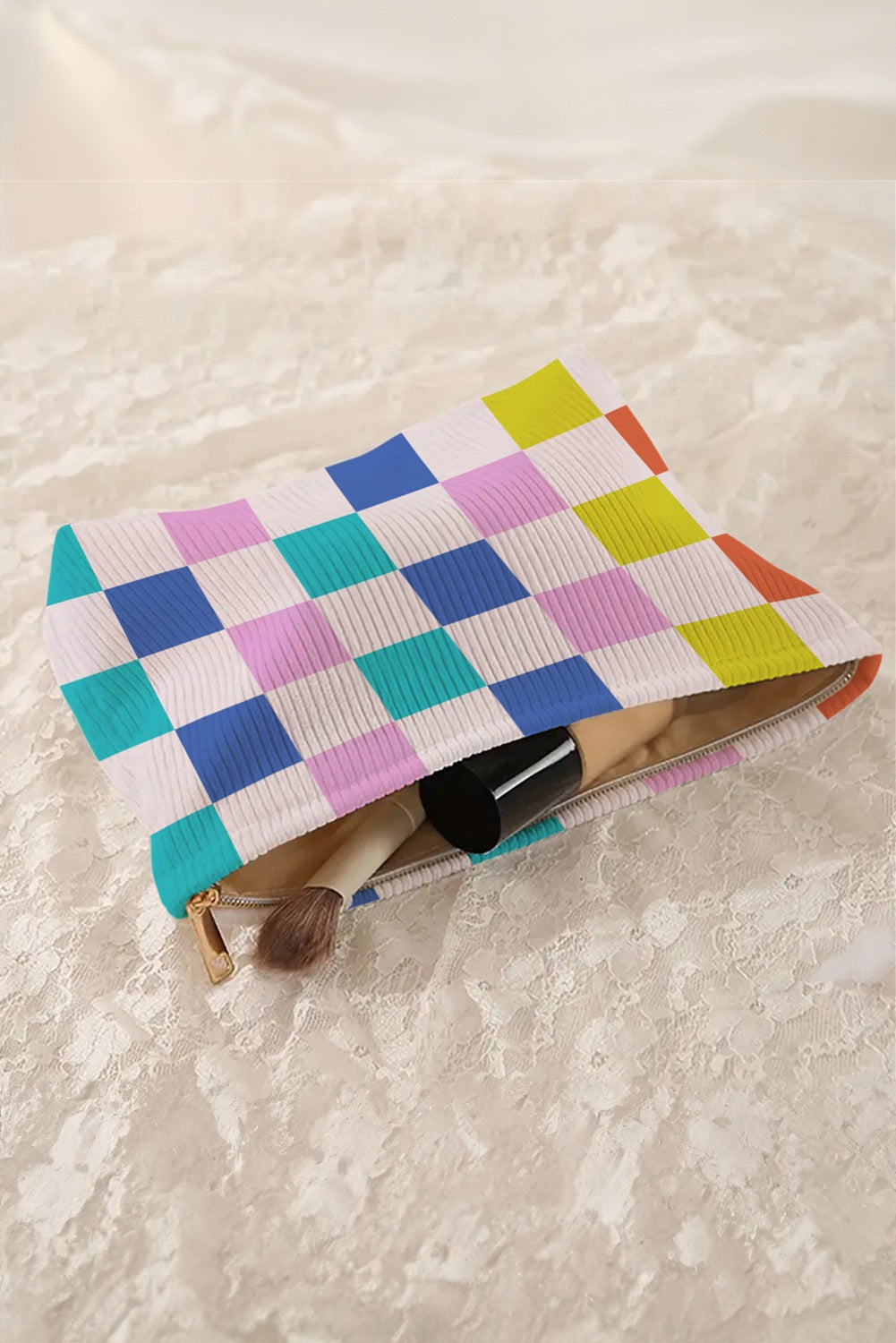 Pink Checkered Cosmetic Bag