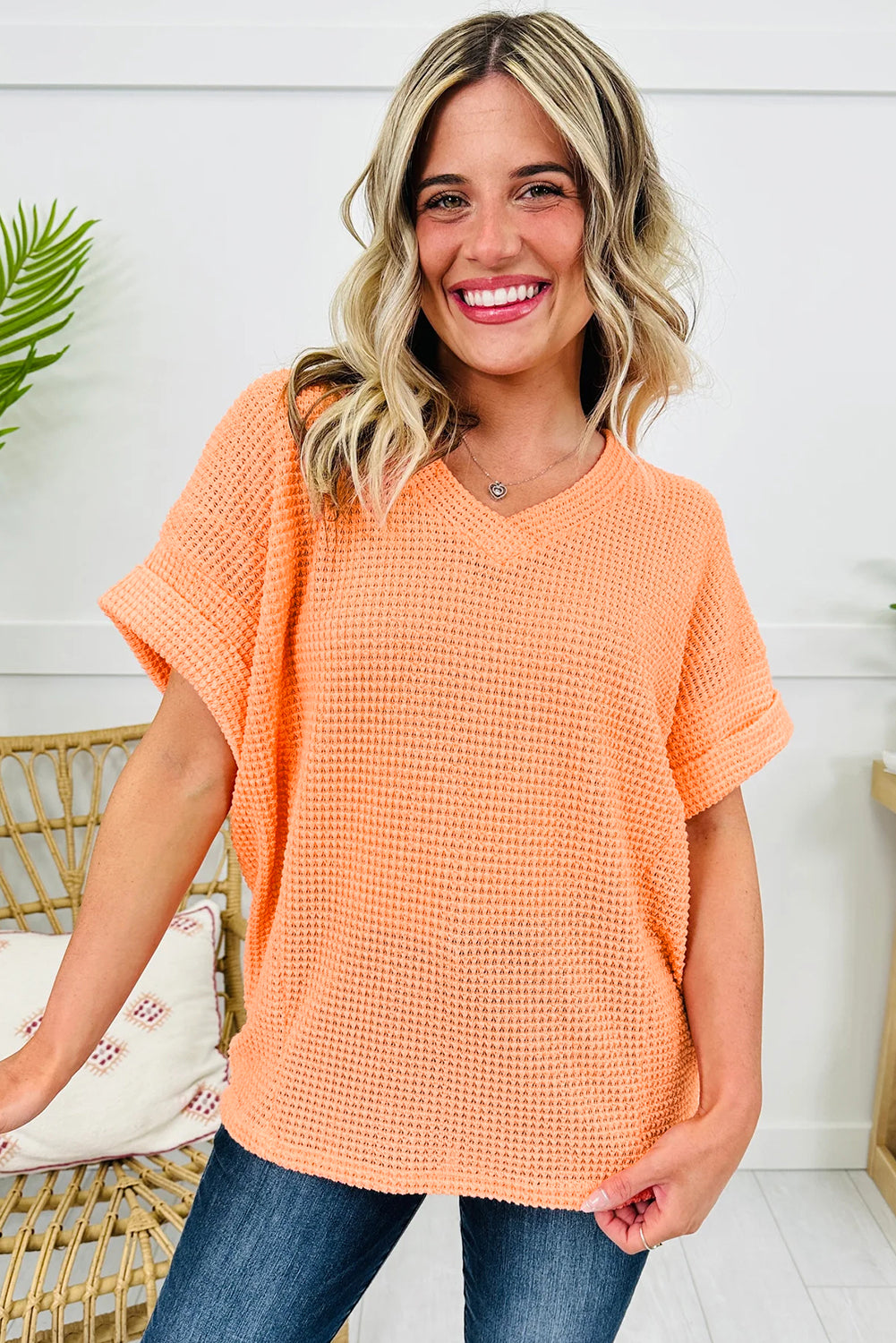 Waffle V-Neck Top