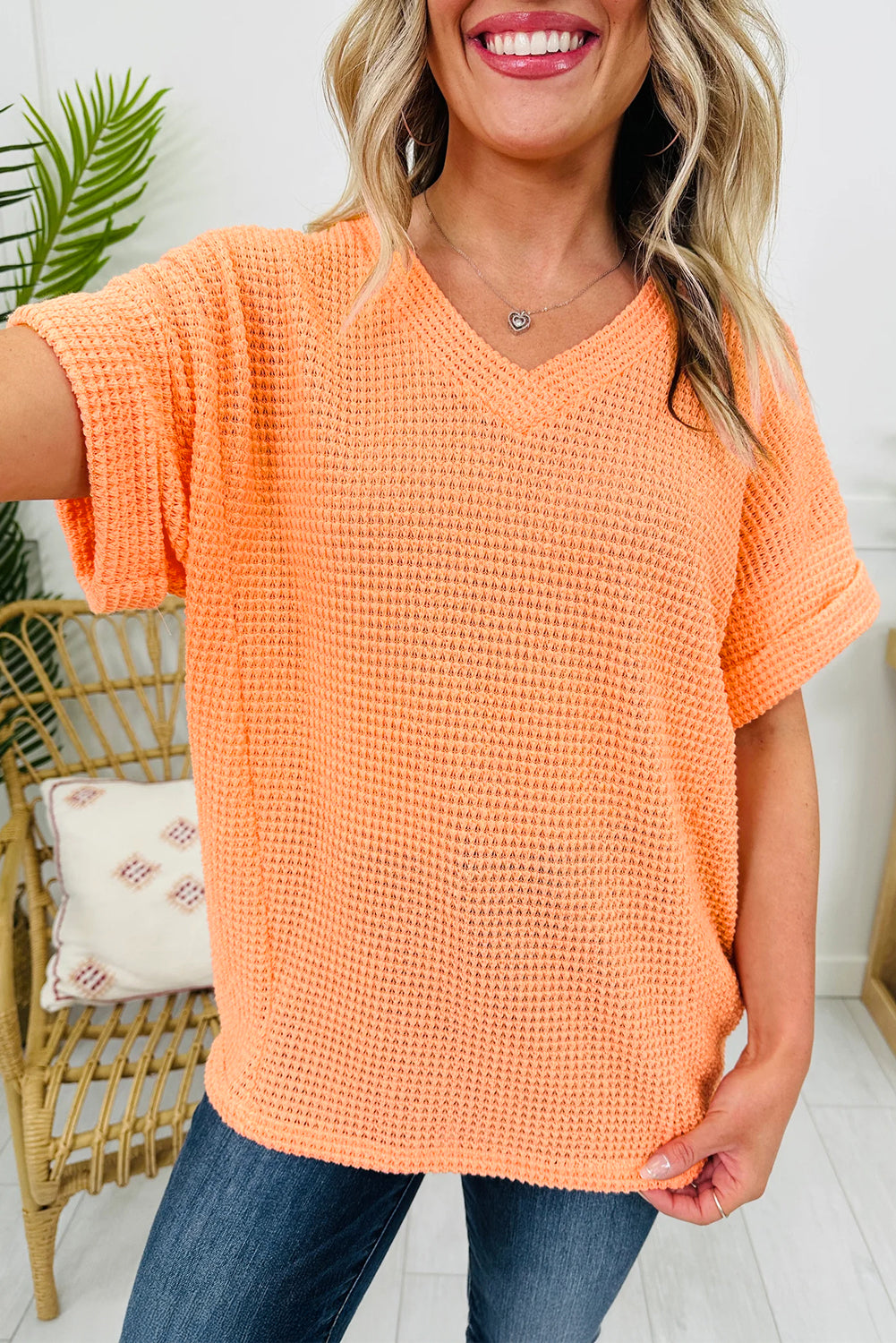 Waffle V-Neck Top