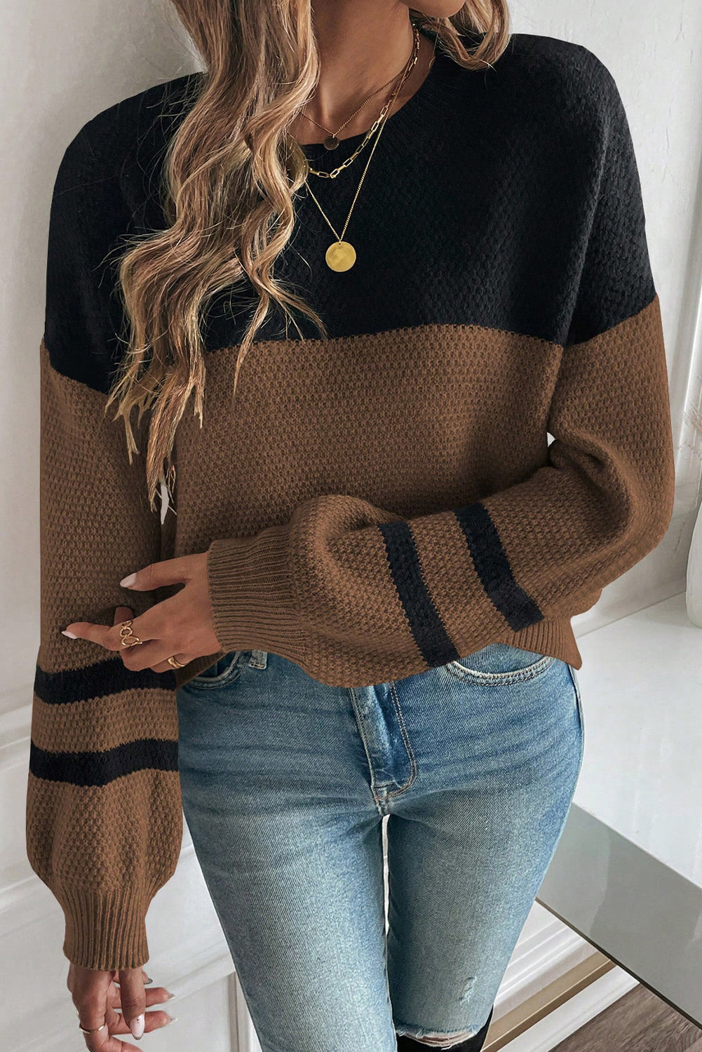 Dark Brown Knit Striped Sweater