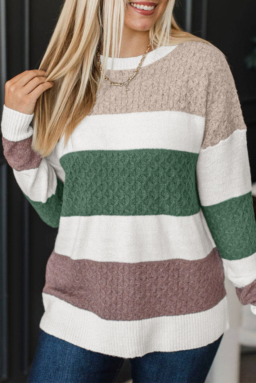 Mixed Knit Striped Color Block Sweater