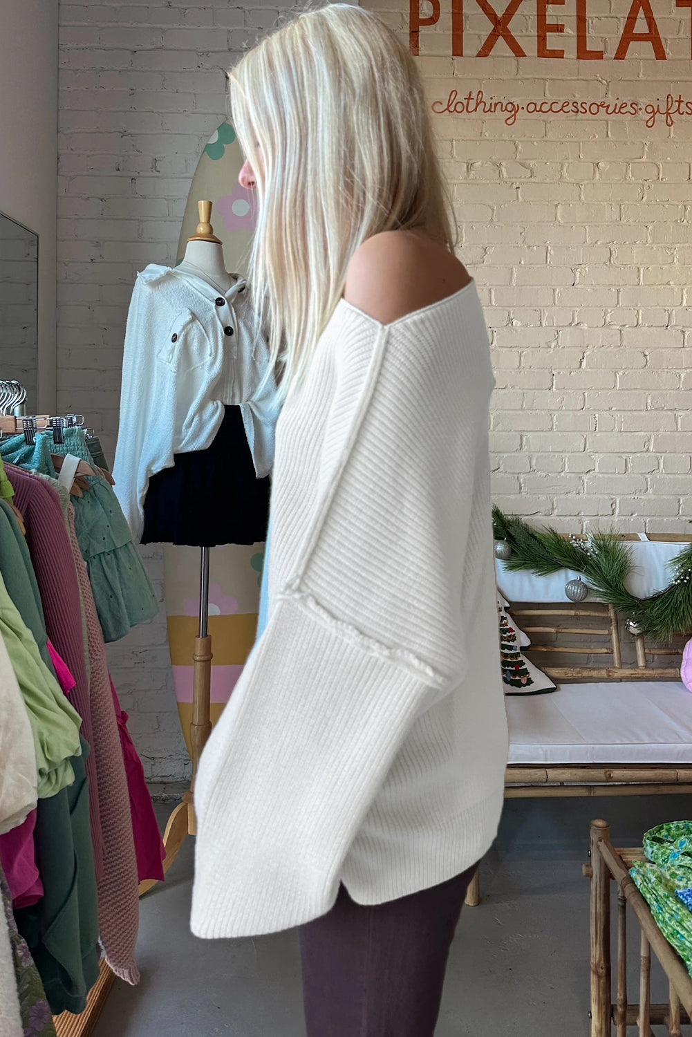 Asymmetric Neck Drop Shoulder Sweater