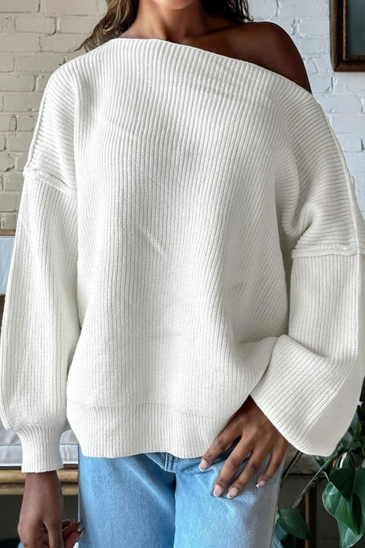 Asymmetric Neck Drop Shoulder Sweater