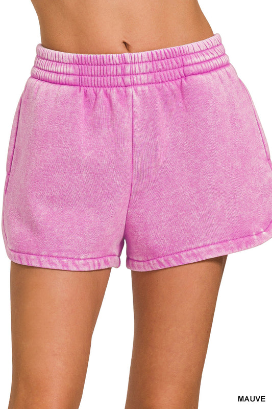 Acid Washed Elastic Waistband Dolphin Shorts - Mauve