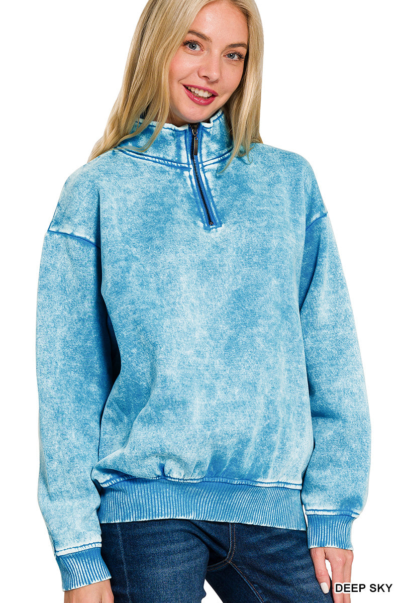 Acid wash half zip pullover