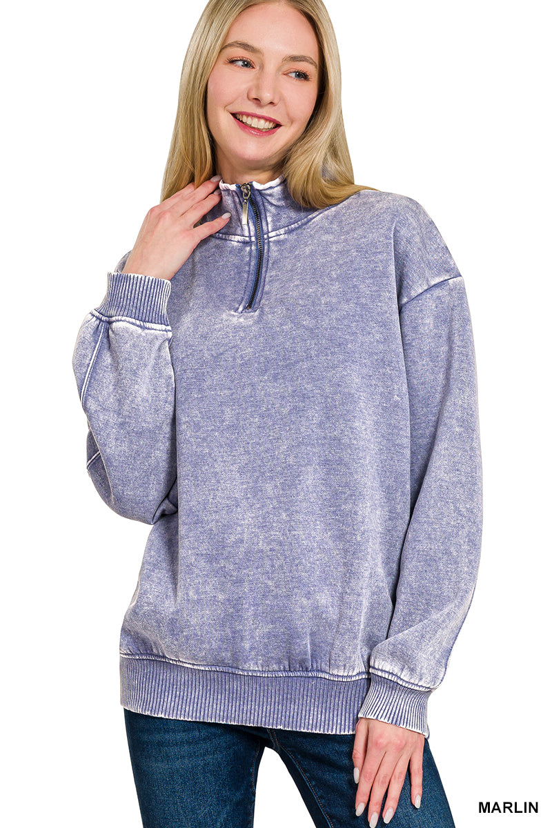 Acid wash half zip pullover