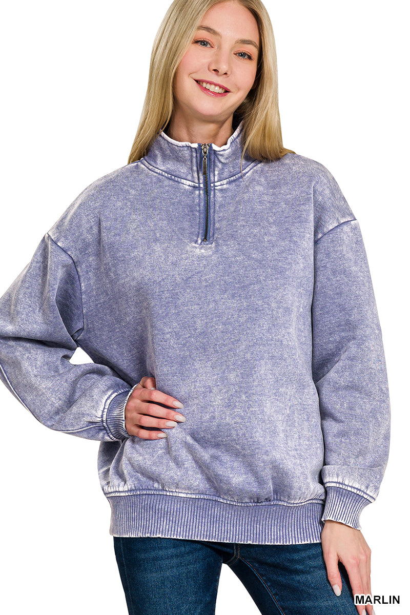 Acid wash half zip pullover