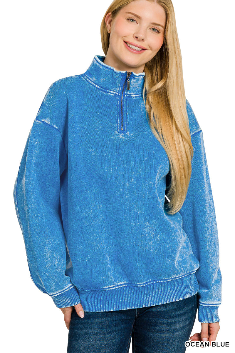 Acid wash half zip pullover