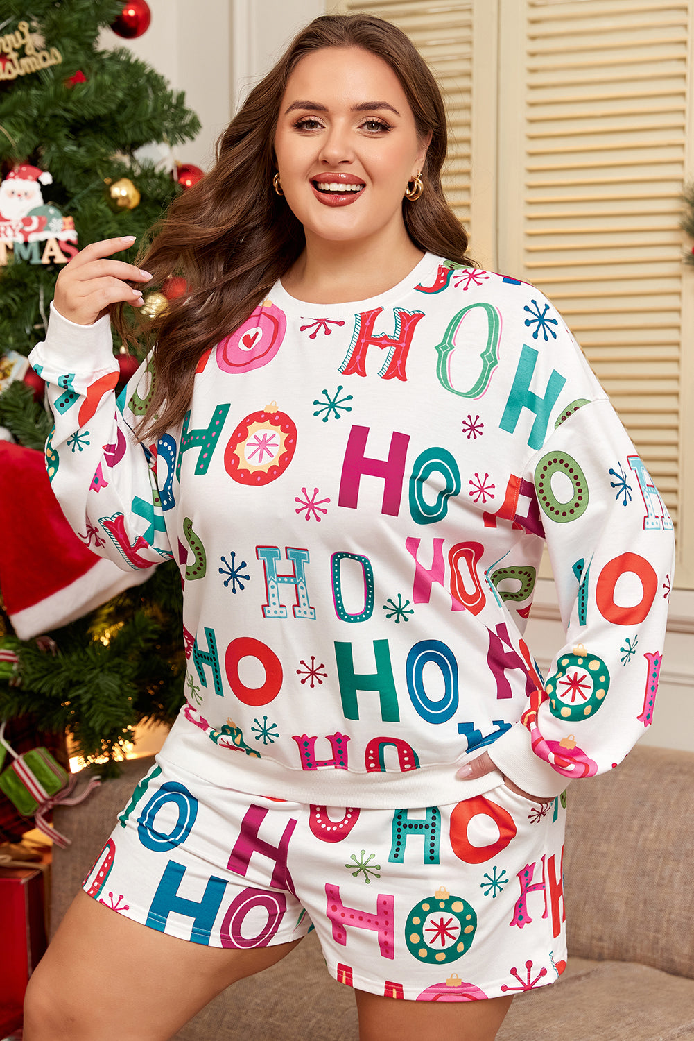 White Plus Size Christmas Lounge Set