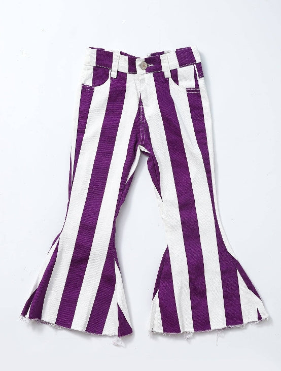 Purple White Stripe Girls Flare Jeans