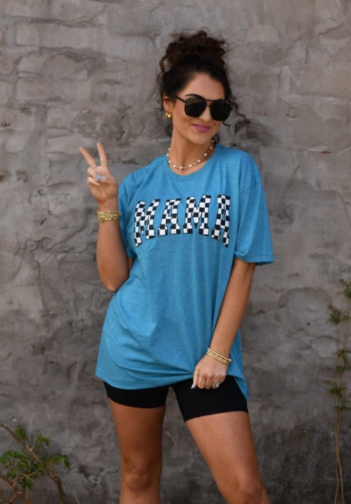 Blue Checkered Mama Tee