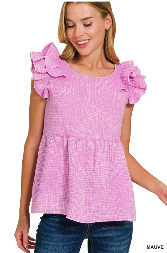 Double Gauze Acid Washed Ruffle Peplum