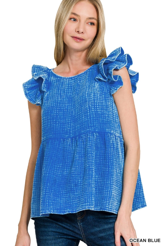 Double Gauze Acid Washed Ruffle Peplum