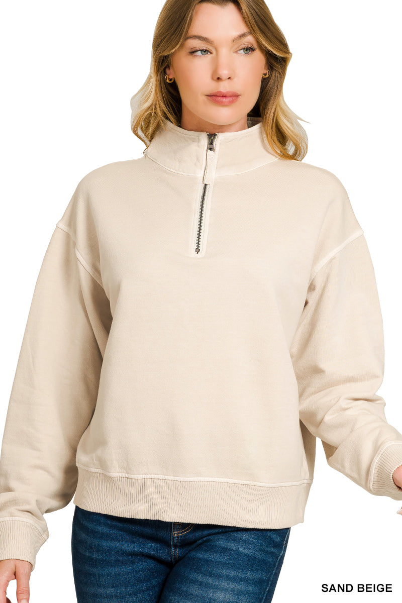 Terry pigment dye & enzyme washed half zip pullover