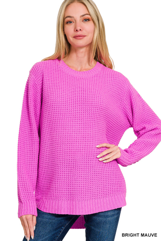 Round neck waffle sweater - Bright Mauve