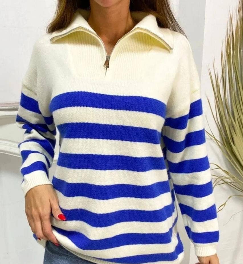 Half-zip striped sweater knit turtleneck sweatshirt: Green / S