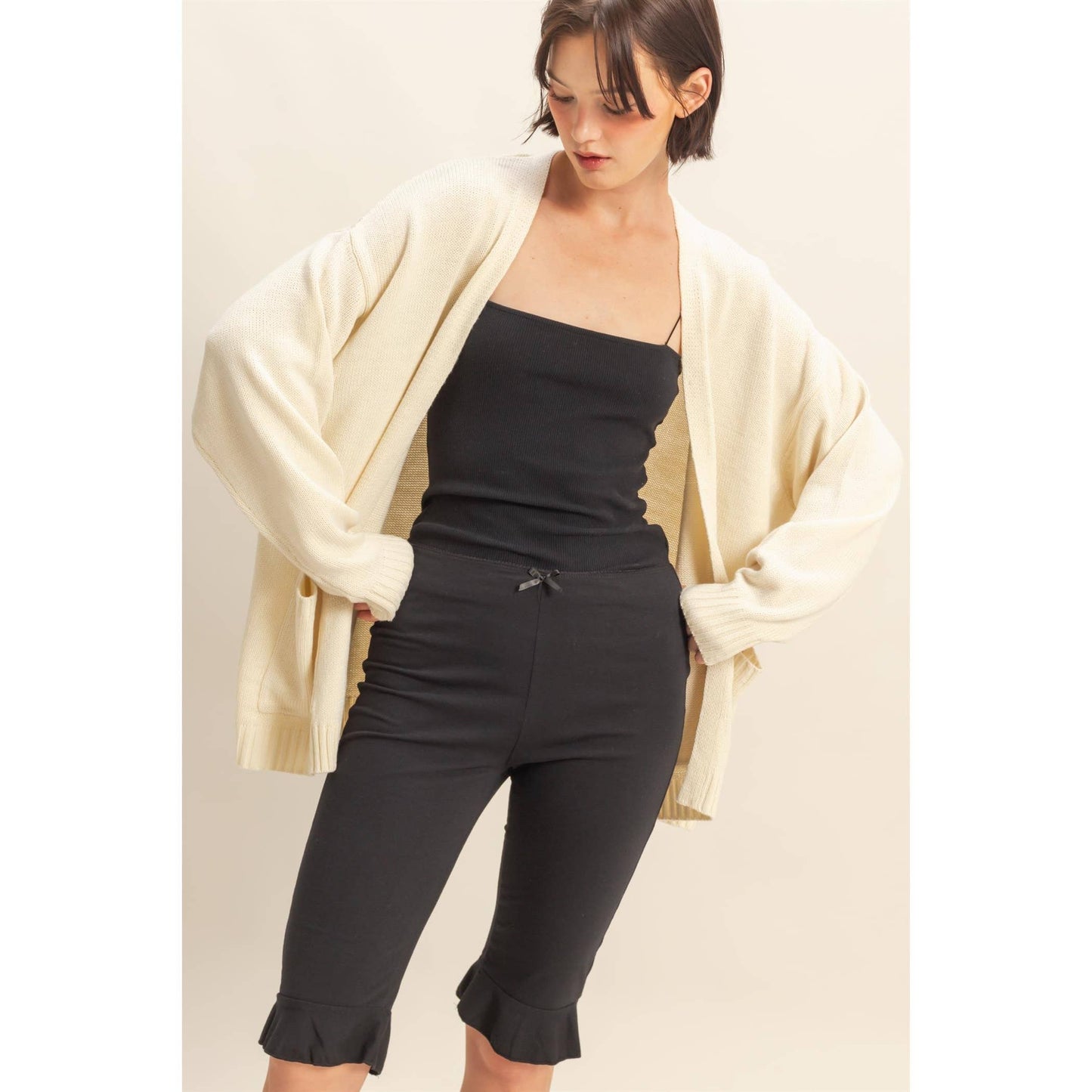 Oversized Open-Front Cardigan Sweater With Pockets: RED / S-M-L(2-2-2)