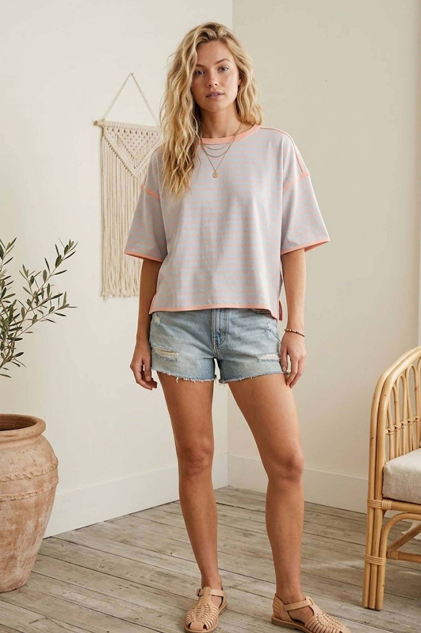 Striped Relaxed Fit Knit Tee: MINT/BLUE / L