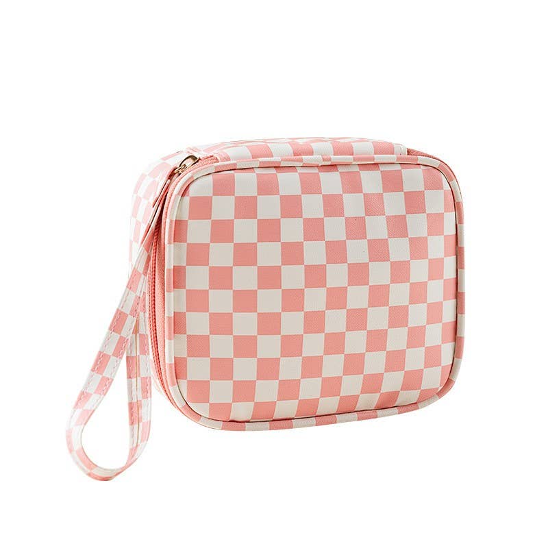 TRAVEL CHECKER MAKEUP COSMETIC POUCH BAG | Pink