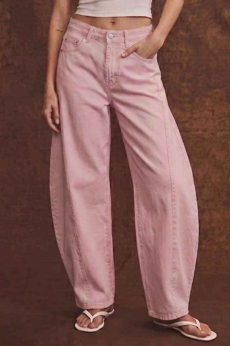 HIGH RISE PINK BARREL JEANS: Pink