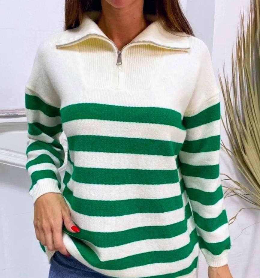 Half-zip striped sweater knit turtleneck sweatshirt: Green / S