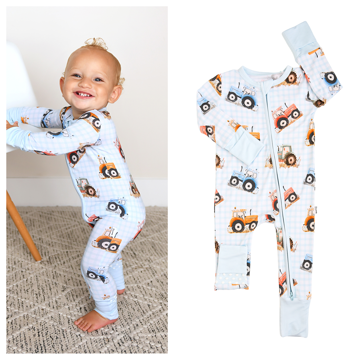 Luca ZIP One Piece Tractor Baby Outfit: Newborn