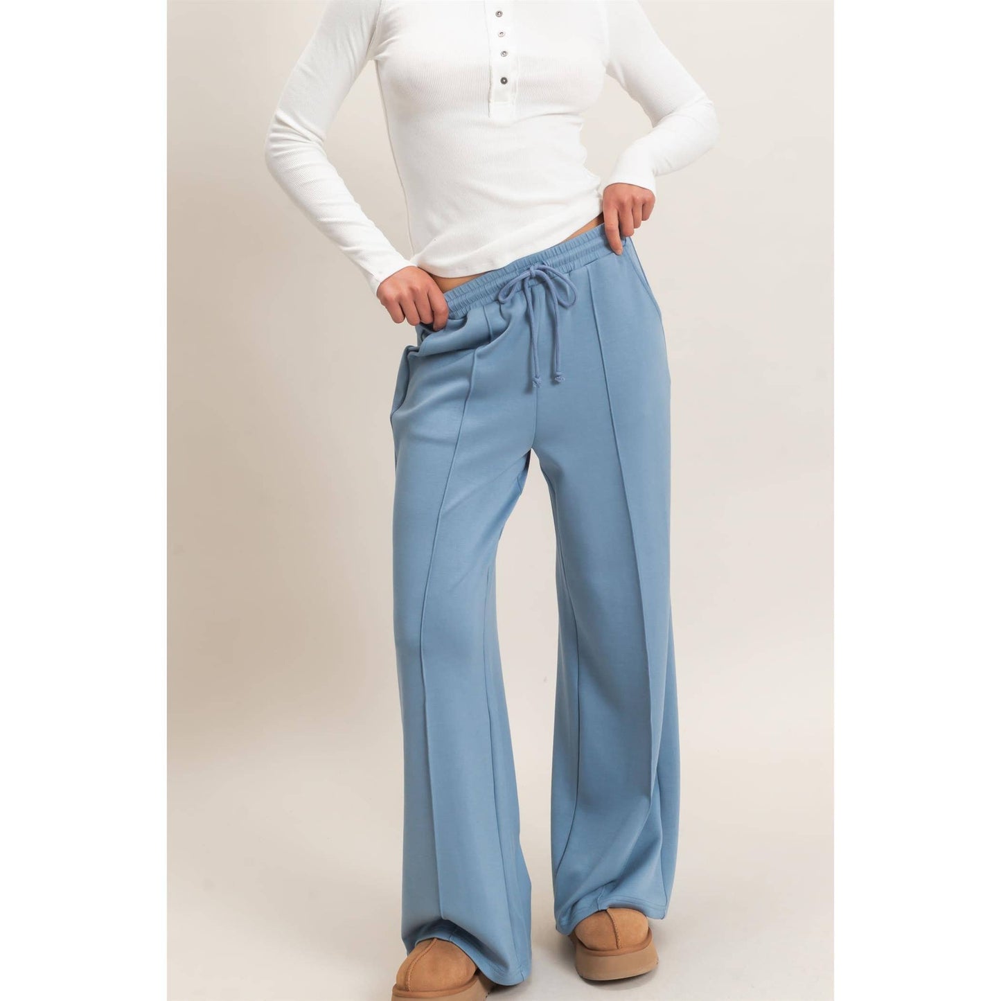Drawstring Waist Pintuck Wide Leg Pants: DARK RED / S-M-L(2-2-2)