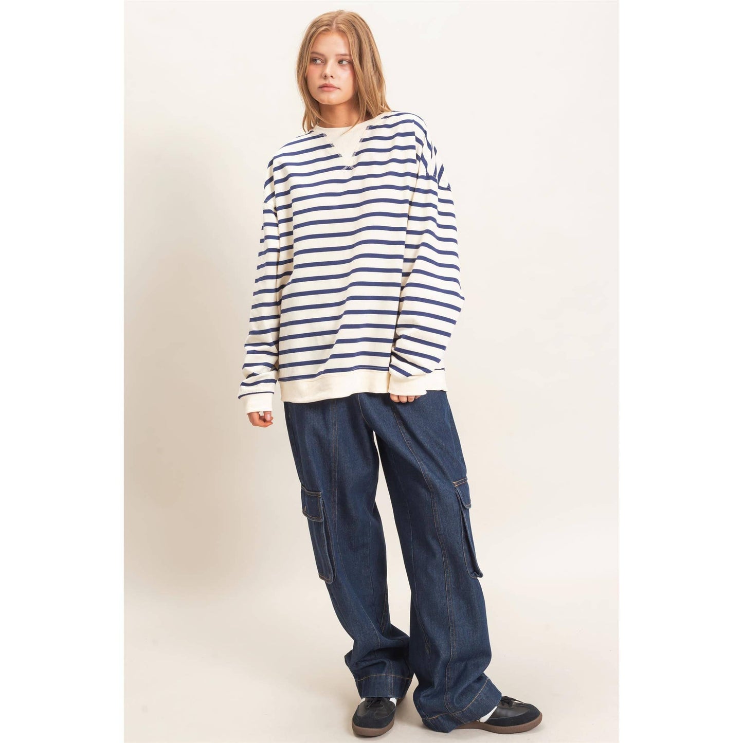Striped Long Sleeve Pullover: GREEN/CREAM / S-M-L(2-2-2)
