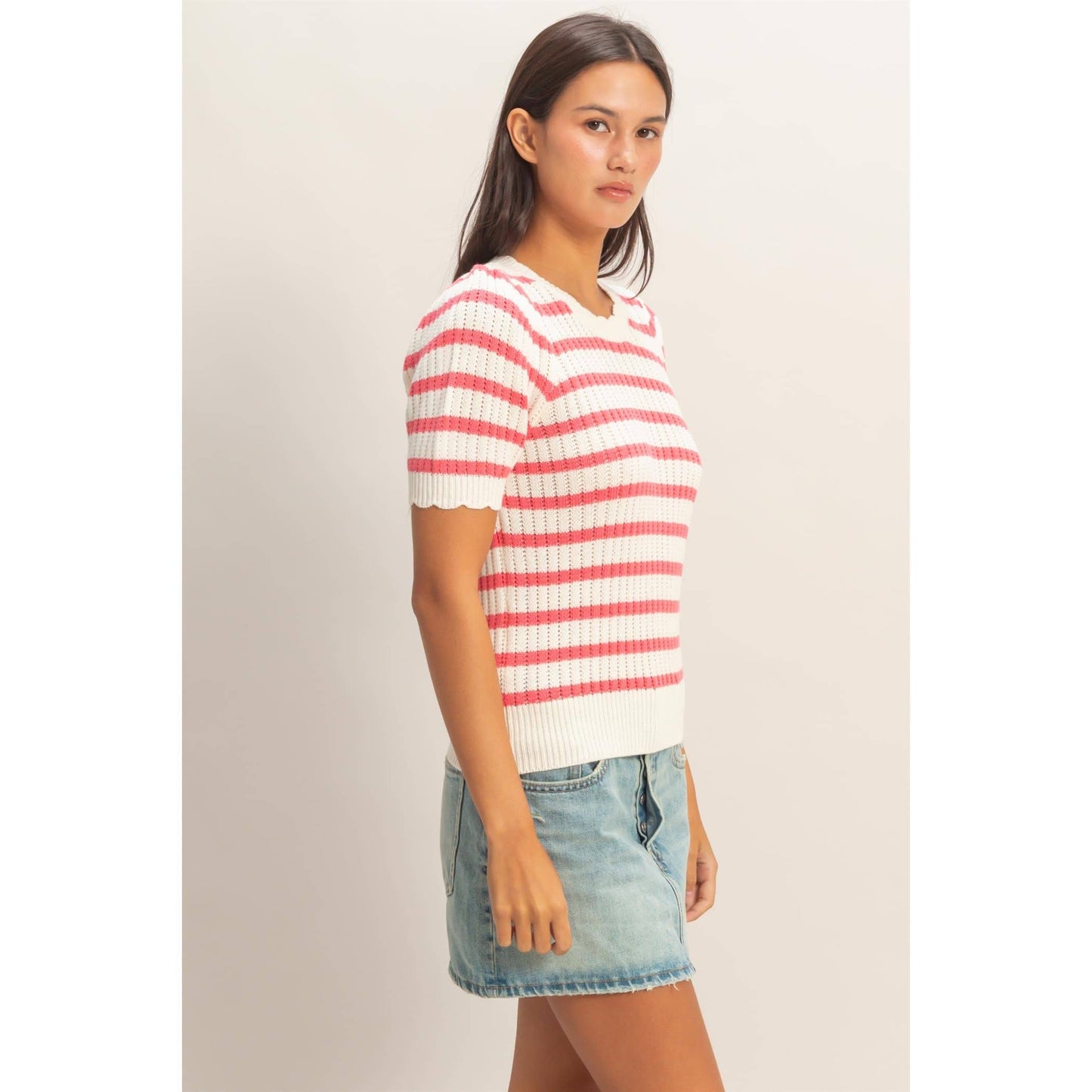 Striped Scallop Edge Puff Sleeve Knit Top: TAUPE / S-M-L(2-2-2)