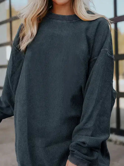 Orange Long Sleeve Ribbed Corded Oversized Sweatshirt: Orange / 100%Polyester / 2XL