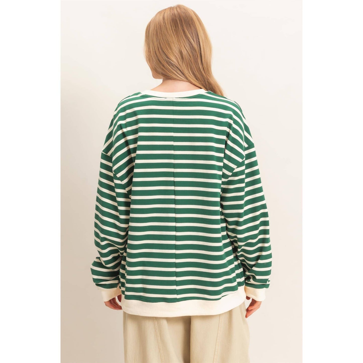Striped Long Sleeve Pullover: GREEN/CREAM / S-M-L(2-2-2)