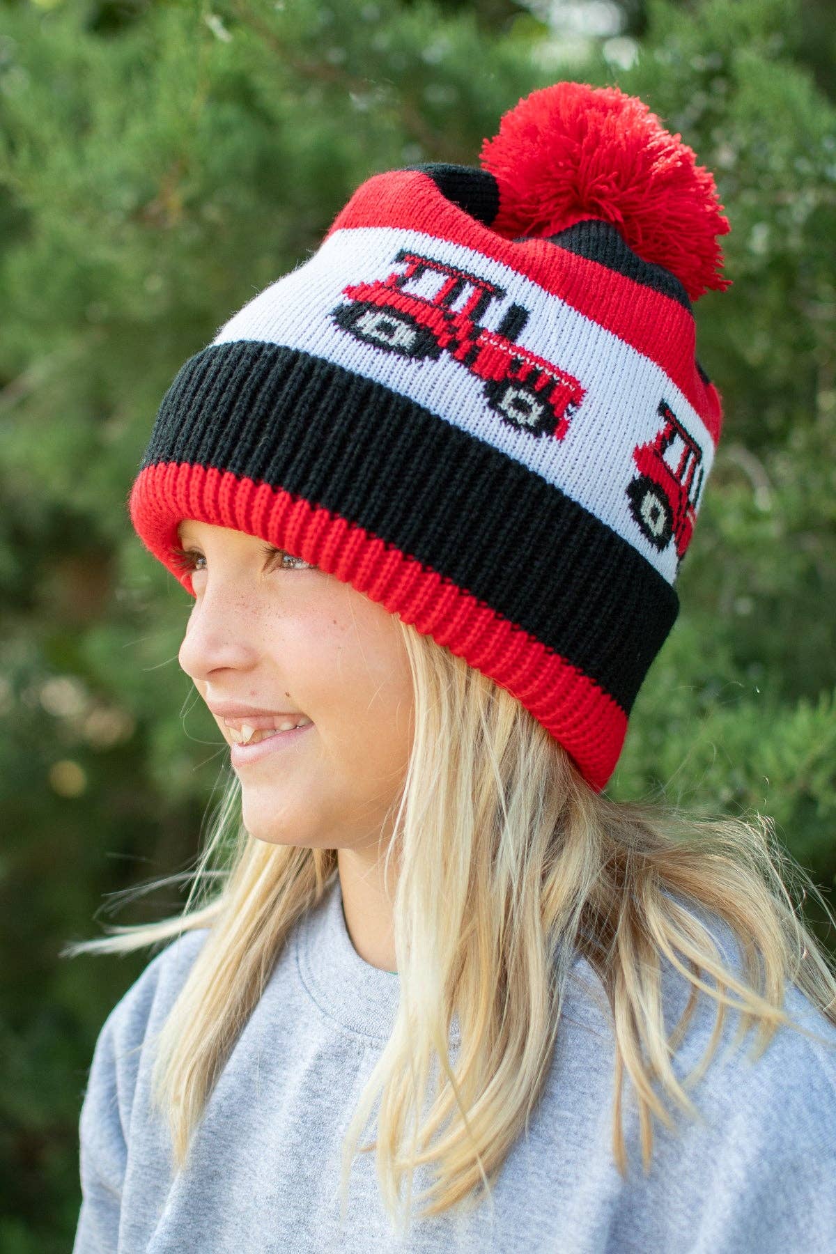 Red Tractor Knit Pom Beanie - Youth